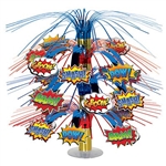 The Hero Cascade Centerpiece is made of blue and red metallic fringe with cardstock action word icons. Measures 18 inches tall. Can be used as a centerpiece and/or hanging decoration. Contains one (1) per package.