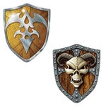 The Shield Cutouts are made of cardstock and printed on two sides with different designs. One side has an eerie skull and the other is an intricate design found on shields. They measure 19 inches wide and 23.5 inches long. Contains 2 cutouts per package.