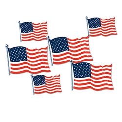 The American Flag Cutouts are made of cardstock and printed two sides. Contains 6 pieces per package. 3 cutouts measure 5 3/4 inches and 3 cutouts measure 8 1/2 inches.