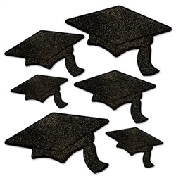 The Glittered Foil Grad Cap Cutouts - Black are made of black cardstock and printed on two sides and one side is embellished with glitter. Sizes range in measurement from 6 1/2 inches to 14 1/4 inches. Contains 6 pieces per package.