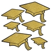 The Gold Glittered Foil Grad Cap Cutouts are made of gold cardstock with gold glitter and printed with black around the edges. Sizes range in measurement from 6 1/2 inches to 14 1/4 inches. Contains 6 pieces per package.