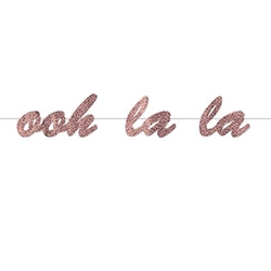 The Ooh La La Streamer is made of cardstock coated in rose gold glitter film and printed on one side. It measures 7 inches tall and 4 feet long. Contains one (1) per package. Simple assembly required.