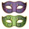 The Jumbo Mardi Gras Mask Cutouts are made of cardstock and measure 37 inches wide and 18 1/2 inches tall. They are vibrant green and purple masks and printed with swirl designs. Contains two pieces per package.