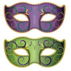 The Jumbo Mardi Gras Mask Cutouts are made of cardstock and measure 37 inches wide and 18 1/2 inches tall. They are vibrant green and purple masks and printed with swirl designs. Contains two pieces per package.