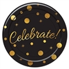 The Celebrate! Dessert Plates are black and decorated with different sized gold circles and starbursts with Celebrate! written in gold script. Measures 7 inches. Contains 8 plates per package.