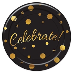 The Celebrate! Dessert Plates are black and decorated with different sized gold circles and starbursts with Celebrate! written in gold script. Measures 7 inches. Contains 8 plates per package.