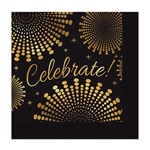 The Celebrate! Luncheon Napkins are made of 2-ply paper and measure 6 1/2 inches by 6 1/2 inches. They're black and printed with celebrate in gold script and surrounded by an intricate gold design. Contains 16 napkins per package.