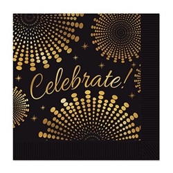 The Celebrate! Luncheon Napkins are made of 2-ply paper and measure 6 1/2 inches by 6 1/2 inches. They're black and printed with celebrate in gold script and surrounded by an intricate gold design. Contains 16 napkins per package.