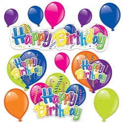 Happy Birthday Cutouts feature cheerful colors printed on heavy card stock. Each pack includes a Happy Birthday streamer,