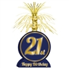 The 21st Birthday Centerpiece is made of navy cardstock with a gold foil cascade top. Measures 7 inches wide and 13 inches tall. Contains one (1) per package. Easily assembled.