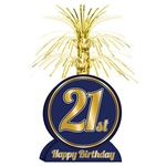 The 21st Birthday Centerpiece is made of navy cardstock with a gold foil cascade top. Measures 7 inches wide and 13 inches tall. Contains one (1) per package. Easily assembled.