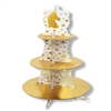 This Unicorn Cupcake Stand features a heavy board stock construction, printed in a white and gold color scheme. Three shelves are covered in gold foil, and the center support is printed white with gold foil stars. A gold unicorn head is printed at the top