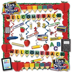 Teachers can decorate classrooms quickly and economically with our School Days Decorating Kit. Welcome your students with this 36-piece, colorful kit containing streamers, signs, hanging decorations, and fun tissue apple garlands and decorations.