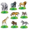 The Jungle Safari Animal Mini Centerpieces are made of cardstock atop a green tissue base. Sizes range from 3 inches to 5 1/2 inches. Features a lion, giraffe, tiger, monkey, warthog, elephant, zebra, and gorilla. Contains 8 per package. Fully Assembled.