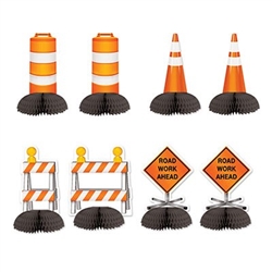 The Construction Mini Centerpieces are made of cardstock with a tissue base. Completely assembled and open full round. Range in measurement from 5 1/4 inches to 5 1/2 inches. Features traffic cones, Road Work Ahead signs, and barricades. Sold 8 per pack.