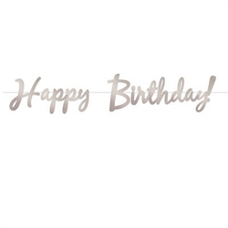 The Foil Happy Birthday Streamer - Silver is made of silver foil and printed on two sides. Each streamer measures 9 in tall and 5 ft long. Includes one cord and letters. Contains one (1) per package. Simple assembly required.