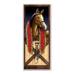 The Horse Racing Door Cover is made of all-weather plastic and measures 30 inches tall and 6 feet long. Features a horse in a stable draped with a scarf made of roses. Can be used both indoors and outdoors. Contains one (1) per package.