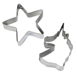 The Unicorn Cookie Cutters are stainless steel and dishwasher safe. The unicorn head measures 2 1/4 in by 3 1/2 in and the star measures 3 in by 3 in. Contains two (2) cookie cutters per package.