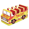 The 3-D Taco Truck Centerpiece is made of cardstock and printed on two sides. Measures 10 1/2 inches long and 5 inches tall. Each centerpiece holds 4 tacos. Contains one (1) per package. Assembly required.