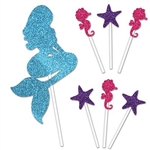The Mermaid Cake Topper is made of cardstock and printed on one side. Features 1 blue mermaid (4 1/4 in by 8 3/4 in), 3 cerise seahorses (1/4 in by 3 1/2 in), and 3 purple starfish (1 1/4 in by 3 1/2 in). Contains seven (7) pieces per package.