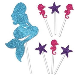 The Mermaid Cake Topper is made of cardstock and printed on one side. Features 1 blue mermaid (4 1/4 in by 8 3/4 in), 3 cerise seahorses (1/4 in by 3 1/2 in), and 3 purple starfish (1 1/4 in by 3 1/2 in). Contains seven (7) pieces per package.