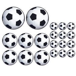 The Soccer Ball Cutouts are made of cardstock and printed on two sides. 12 measure 4 inches, 6 measure 8 inches, 2 measure 12 inches. Contains twenty (20) per package.