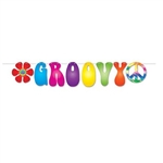 The Groovy Streamer is made of cardstock and printed on one side. Measures 7 1/2 in by 5 feet long. Each package Includes (1)  cord, (2) icons, and (6) letters. Icons include a peace sign and retro flower. Assembly required. One (1) streamer per package.
