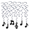 Hang our Musical Note Whirls for your next music themed party and add a classy and interesting aspect to your decor. With black notes suspended from silver whirls the Musical Note Whirls are just the thing for any musical style!