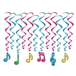 Need color, interest and movement for your music themed party?  Then you need these Neon Musical Notes Whirls!  Each package includes 12 whirls.  Six are 17.5 inches long and six are 32 inches long with 6.5 inch tall attached danglers.