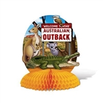 The Australian Centerpiece is made of cardstock with a tissue base. Printed two sides. Printed with a sign and various animals from Australia. Measures 10 in tall and 8 1/4 in wide. Completely assembled, opens full round. One per package.