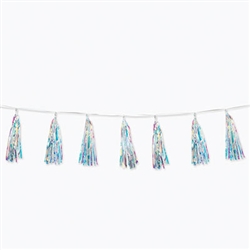 Searching for a classic look that adds sparkle, shine and iridescence?  This Iridescent Tassel is just what you're looking for! Each package has ten 13" tassels strung on an 8' long white strand. Completely assembled and easy to hang!