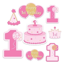 The 1st Birthday Cutouts are made of cardstock and printed on two sides with different colors. One side is pink and the other is purple. Sizes range in measurement from 7 inches to 16 inches. Contains 8 pieces per package.