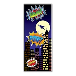 The Hero Door Cover is made of an all-weather plastic material and can be used indoors and outdoors. Features superman flying over the city skyline with the iconic comic words in bright colorful writing. Measures 30 in wide and 6 ft tall. One per pack.