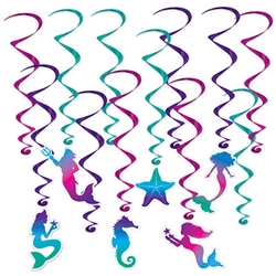 Need to get your Mermaid on?  Planning a Mermaid, Under the Sea or Luau themed party?  These Mermaid Whirls are sure to turn the tide in your decorating favor!  Each package contain 12 iridescent whirls - six 17.5  " long and six 30" long with danglers