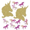 Spread a little Unicorn magic with this Deluxe Unicorn Sparkle Confetti.  Package includes gold sparkle unicorn heads and iridescent purple unicorns.  Heads are approximately 1.5" x 2", unicorns are approximately .5" x .5". Total product weight: 1 ounce.