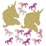 Spread a little Unicorn magic with this Deluxe Unicorn Sparkle Confetti.  Package includes gold sparkle unicorn heads and iridescent purple unicorns.  Heads are approximately 1.5" x 2", unicorns are approximately .5" x .5". Total product weight: 1 ounce.