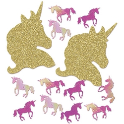 Spread a little Unicorn magic with this Deluxe Unicorn Sparkle Confetti.  Package includes gold sparkle unicorn heads and iridescent purple unicorns.  Heads are approximately 1.5" x 2", unicorns are approximately .5" x .5". Total product weight: 1 ounce.