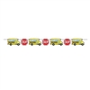 The School Bus Streamer is made of cardstock and printed on one side. It features alternating school bus and stop sign cutouts. Measures 8 feet long and 6 inches tall. Contains one (1) per package. Simple assembly required.