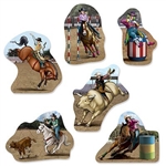 The Rodeo Cutouts are made of cardstock and printed on two sides. Feature cowboys and cowgirls performing different activities on horseback. Sizes range in measurement from 11 1/4 in to 1 1/2 in. Contains six (6) pieces per package.
