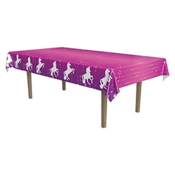 Our Unicorn Tablecover features a purple field with a trim of prancing unicorn silhouettes in white. The top is patterned with white, gold, and blue stars along gold lines.