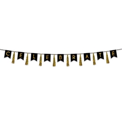 Our 12' long, black and gold Celebrate Tassel Streamer is a classy and eye-catching addition to your party's decor.  Each package includes eight tassels, nine pennants and black ribbon.  Completely assembled and ready to hang.