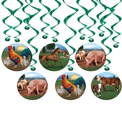 Add a down on the farm feel without having to pay a vet with our Farm Animal Whirls.  &#8203;The package contains 6 whirls and 6 danglers and is just what you need for your farm, country or western themed party.