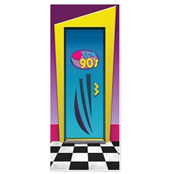 Done in the classic 90's style of bold shapes and eye-catching colors, this door cover is a great detail to add to your party's decor.  Make sure everyone knows where the party is and what your favorite decade was!