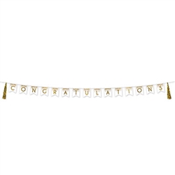 Our 13' long, white and gold Congratulations Tassel Streamer is a modern and eye-catching addition to your party's decor.  Each package includes one streamer which has 15 pennants and 2 tassels. Completely assembled and ready to hang.