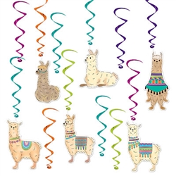 Add a lot of Llama fun to your Llama themed party with the Llama Whirls.  Each package contains 12 pieces, six 17.5" long whirls and six 32" long whirls with Llama danglers.  Danglers are approximately 6" long.  Easy to hang!