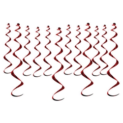 Add kinetic interest to your next party with these classic Metallic Whirls in Burgundy.  Each package contains 12 pieces, four 25" long and eight 17.5" long. Easy to hang with attached plastic hook.