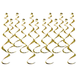 Add kinetic interest to your next party with these classic Metallic Whirls in Gold.  Each package contains 12 pieces, four 25" long and eight 17.5" long. Easy to hang with attached plastic hook.