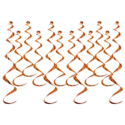 Add kinetic interest to your next party with these classic Metallic Whirls in Orange.  Each package contains 12 pieces, four 25" long and eight 17.5" long. Easy to hang with attached plastic hook.
