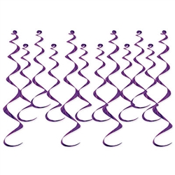 Add kinetic interest to your next party with these classic Metallic Whirls in Purple.  Each package contains 12 pieces, four 25" long and eight 17.5" long. Easy to hang with attached plastic hook.
