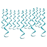 Add kinetic interest to your next party with these classic Metallic Whirls in Turquoise.  Each package contains 12 pieces, four 25" long and eight 13.5" long. Easy to hang with attached plastic hook.